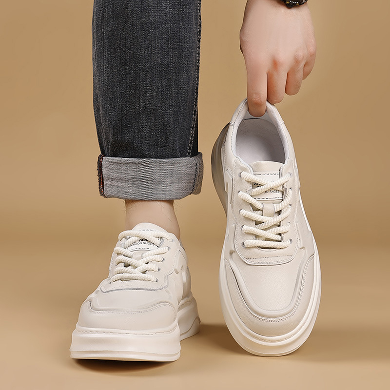 Men's Leather Thick-Sole White Casual Shoes
